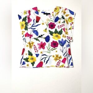 Rachel Roy Multicolor Floral Linen Blend V-Neck Top Size Large